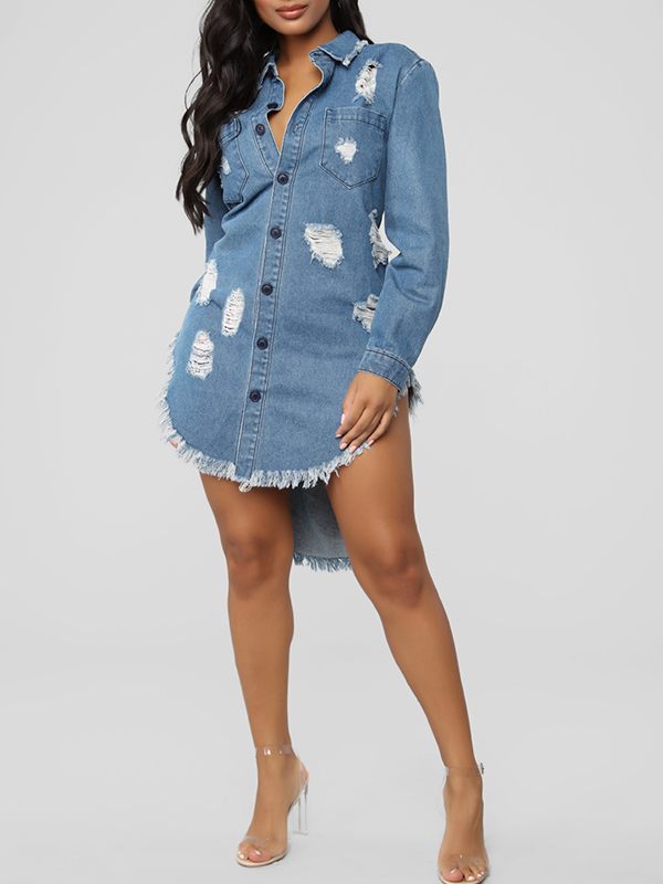 Frayed Hem Denim Shirt Dress