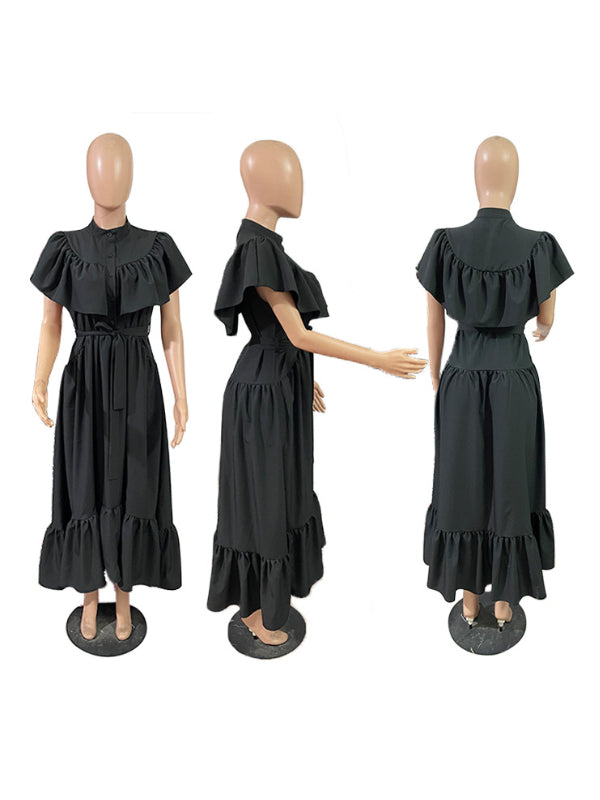 Solid Ruffle Shirt Dress-Clearance