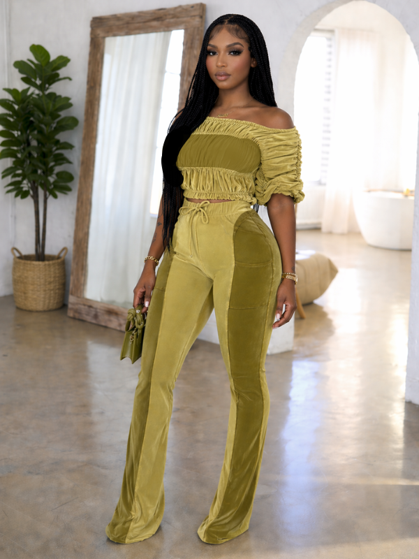 Ruched Boat-Neck Top & Pants Set