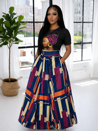Graphic Crop Top & Colorblock Slit Skirt Set