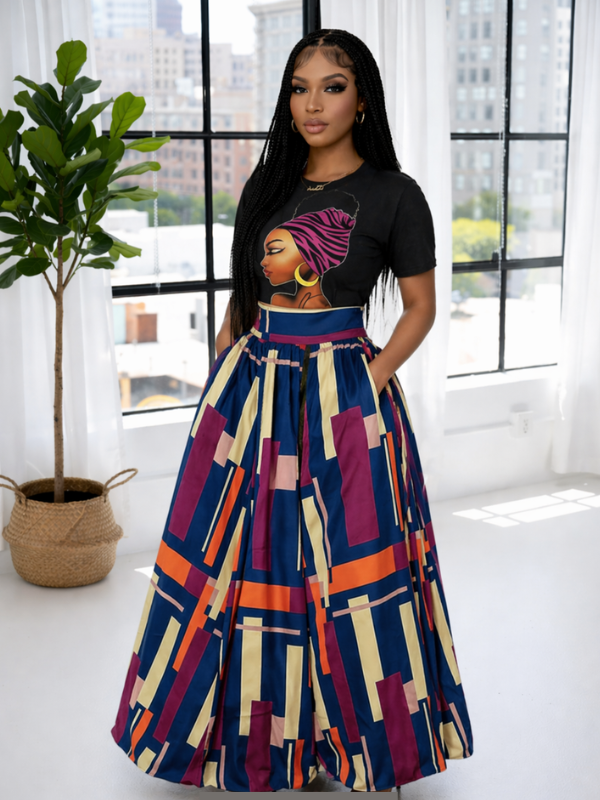 Graphic Crop Top & Colorblock Slit Skirt Set