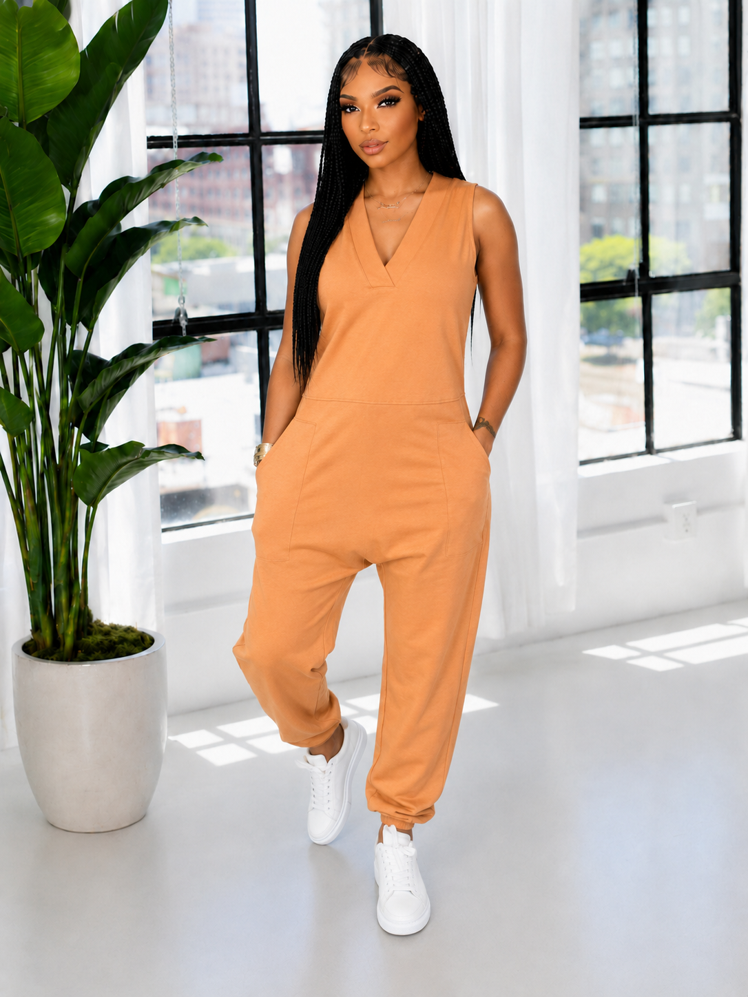 V-Neck Sleeveless Jumpsuit--Clearance