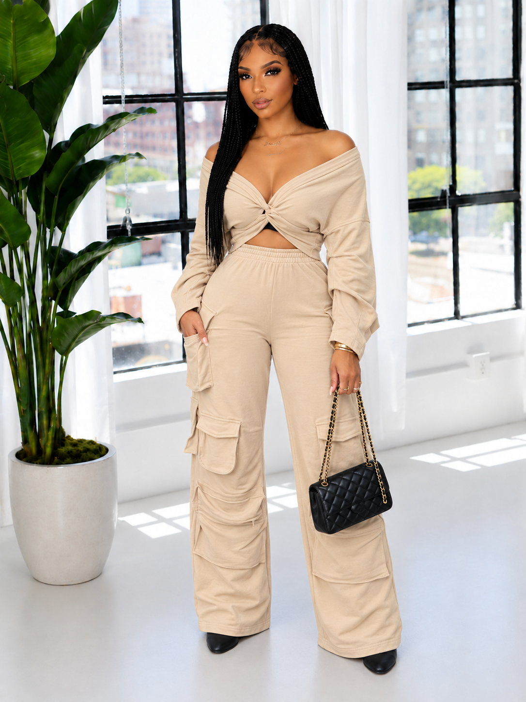 Twisted Top & Cargo Pants Set--Clearance