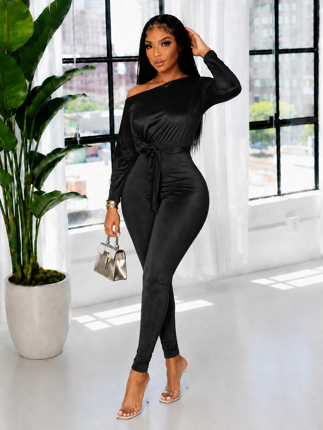Velvet Boat-Neck Tied Jumpsuit