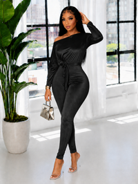 Velvet Boat-Neck Tied Jumpsuit