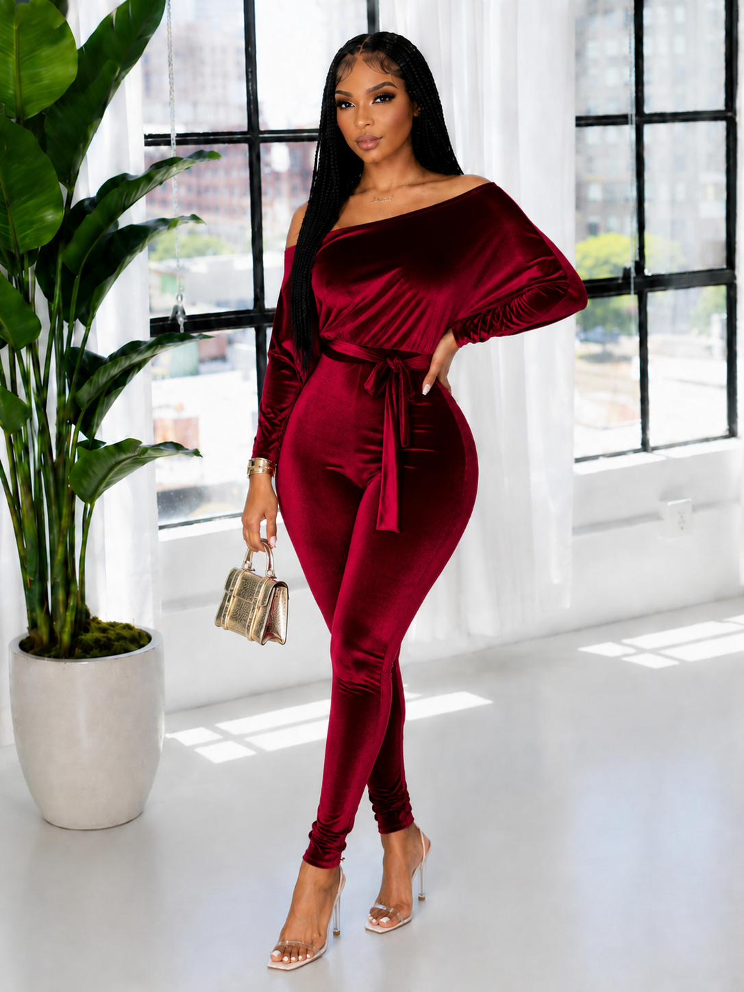 Velvet Boat-Neck Tied Jumpsuit