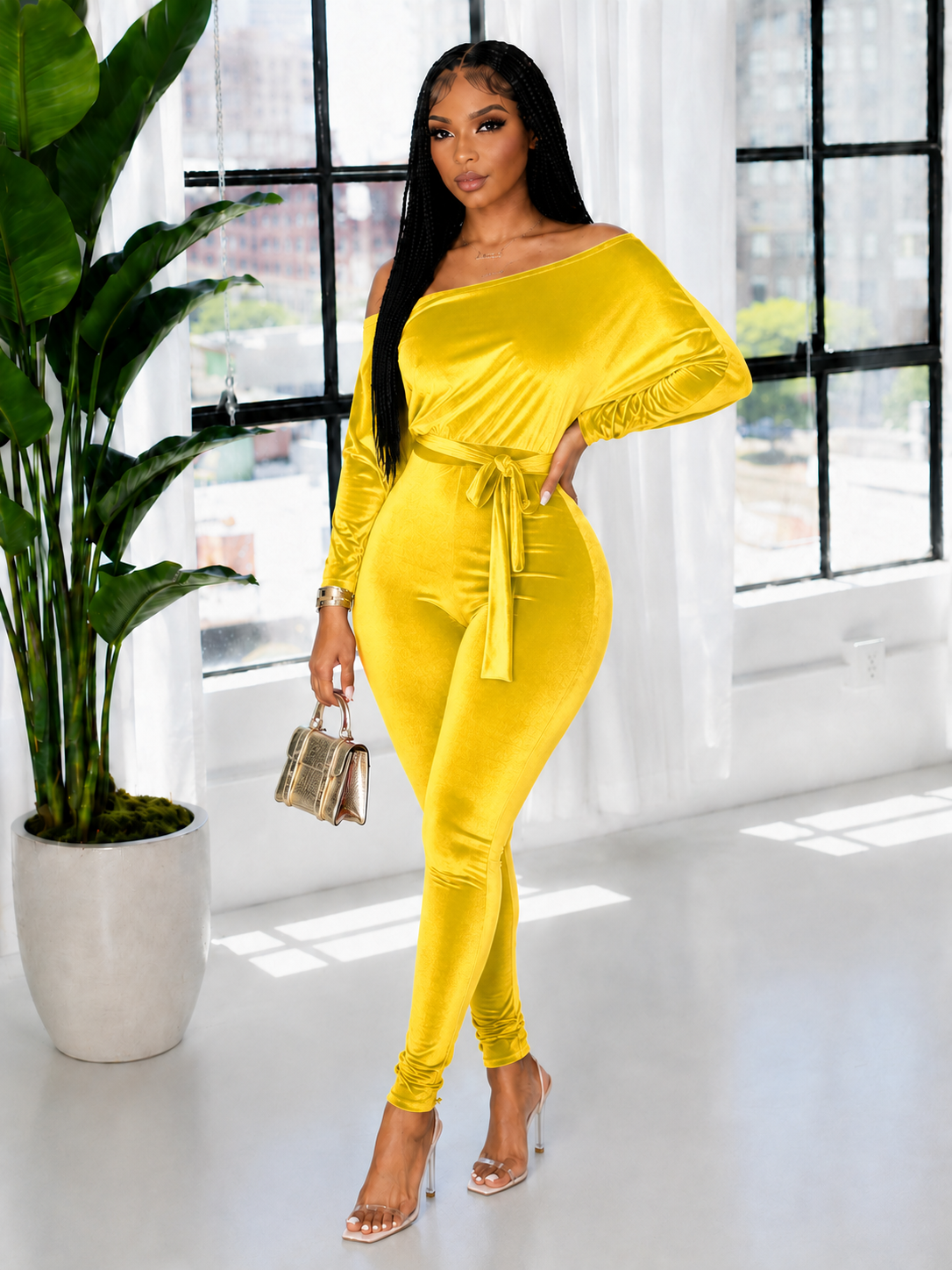 Velvet Boat-Neck Tied Jumpsuit