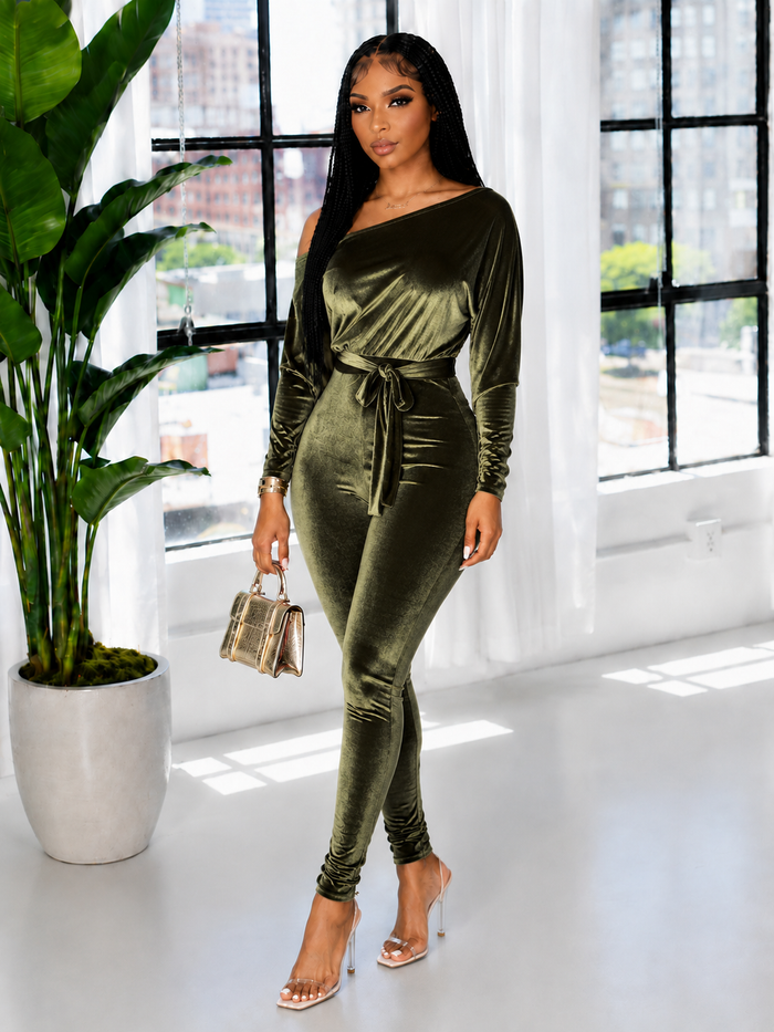 Velvet Boat-Neck Tied Jumpsuit