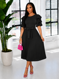 Ruffle-Sleeve Pleated Dress