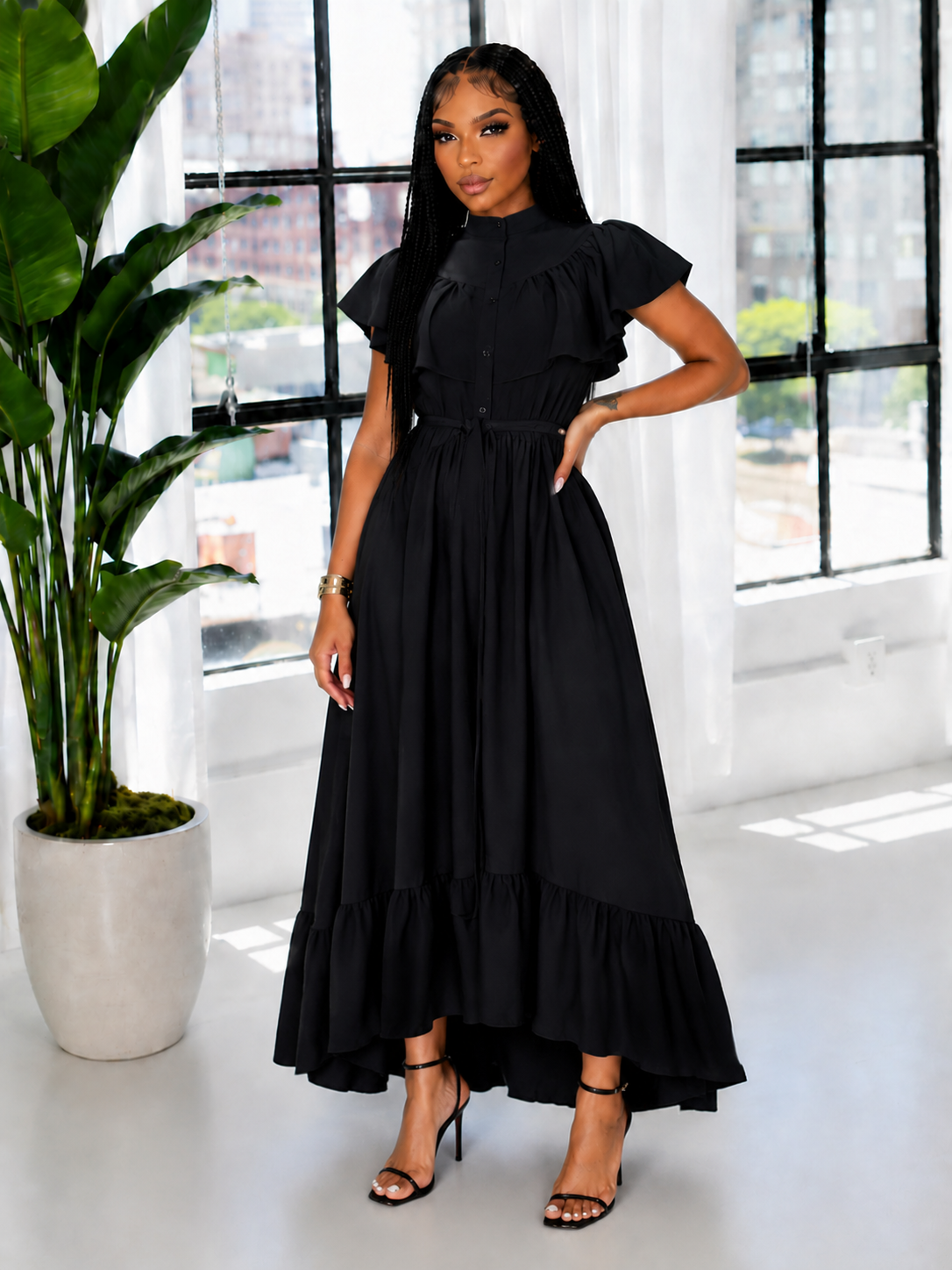 Solid Ruffle Shirt Dress