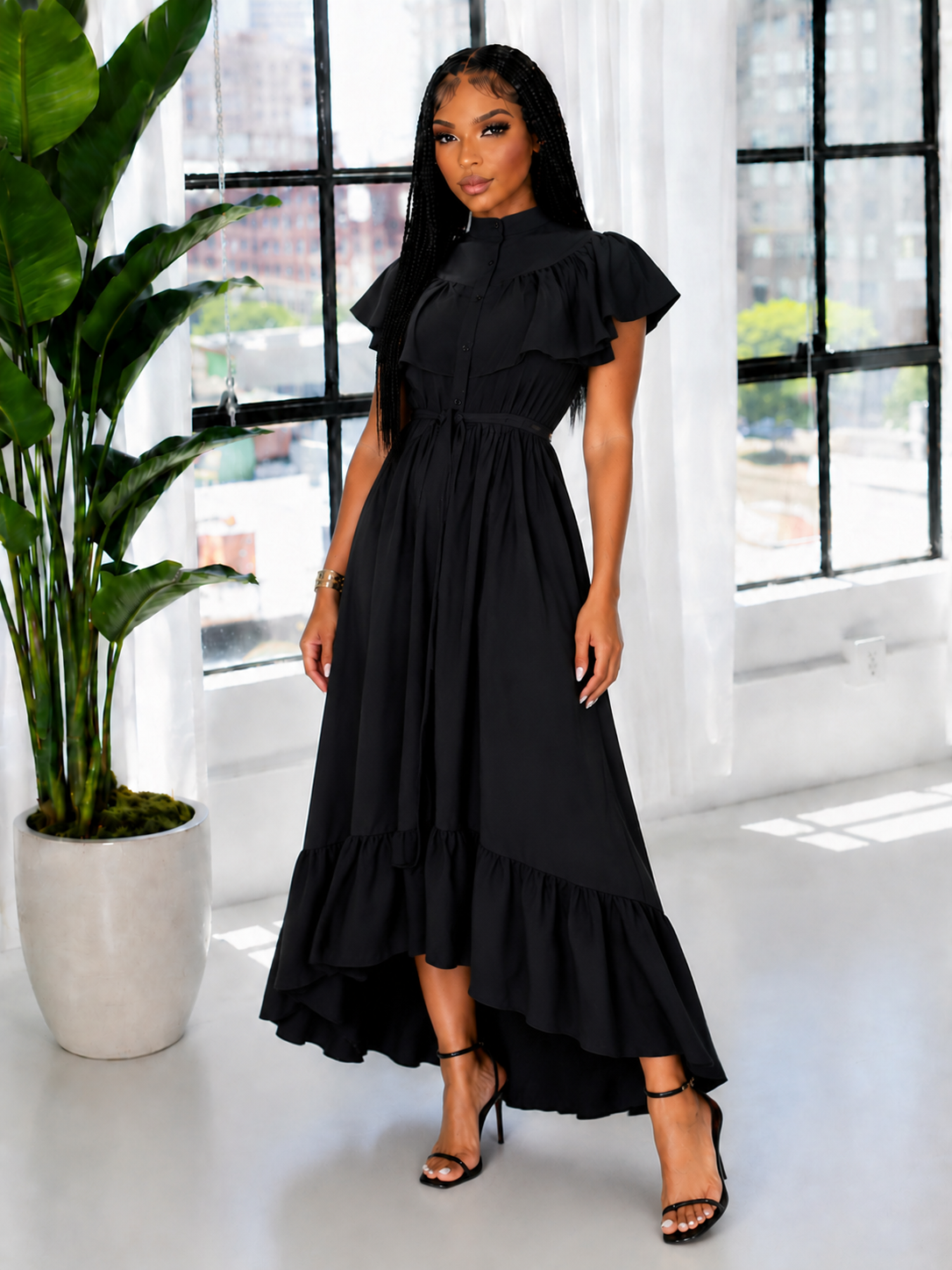 Solid Ruffle Shirt Dress