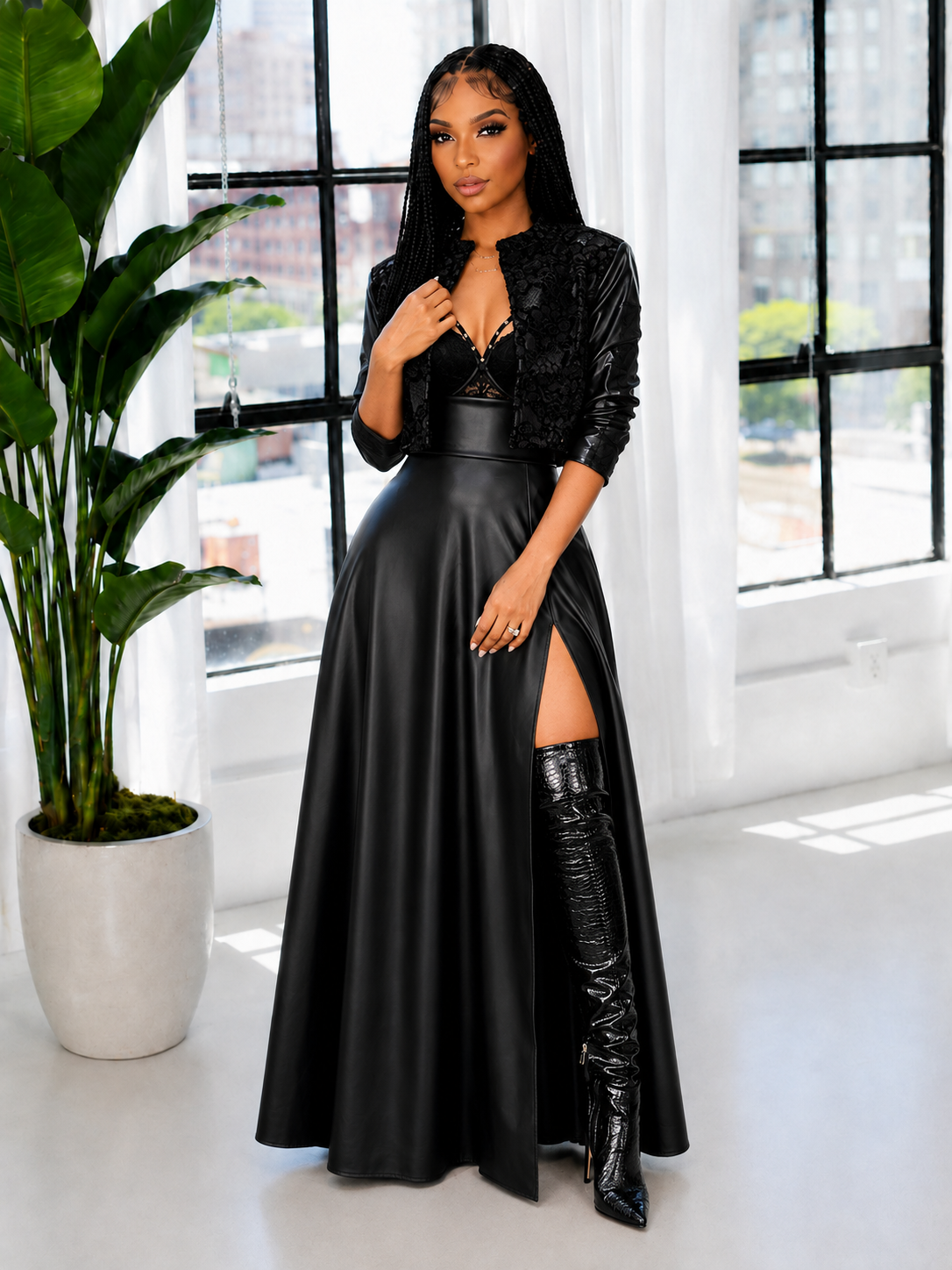 Slit Faux-Leather Skirt