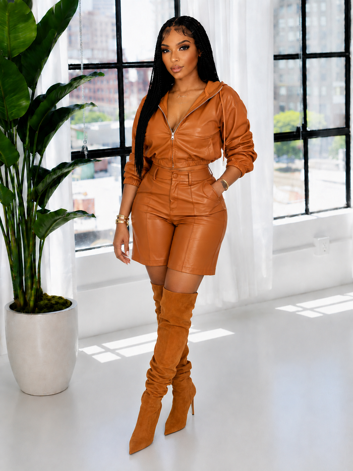 Faux-Leather Hoodie & Shorts Set
