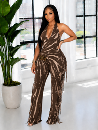 Printed Fringe Halter Jumpsuit