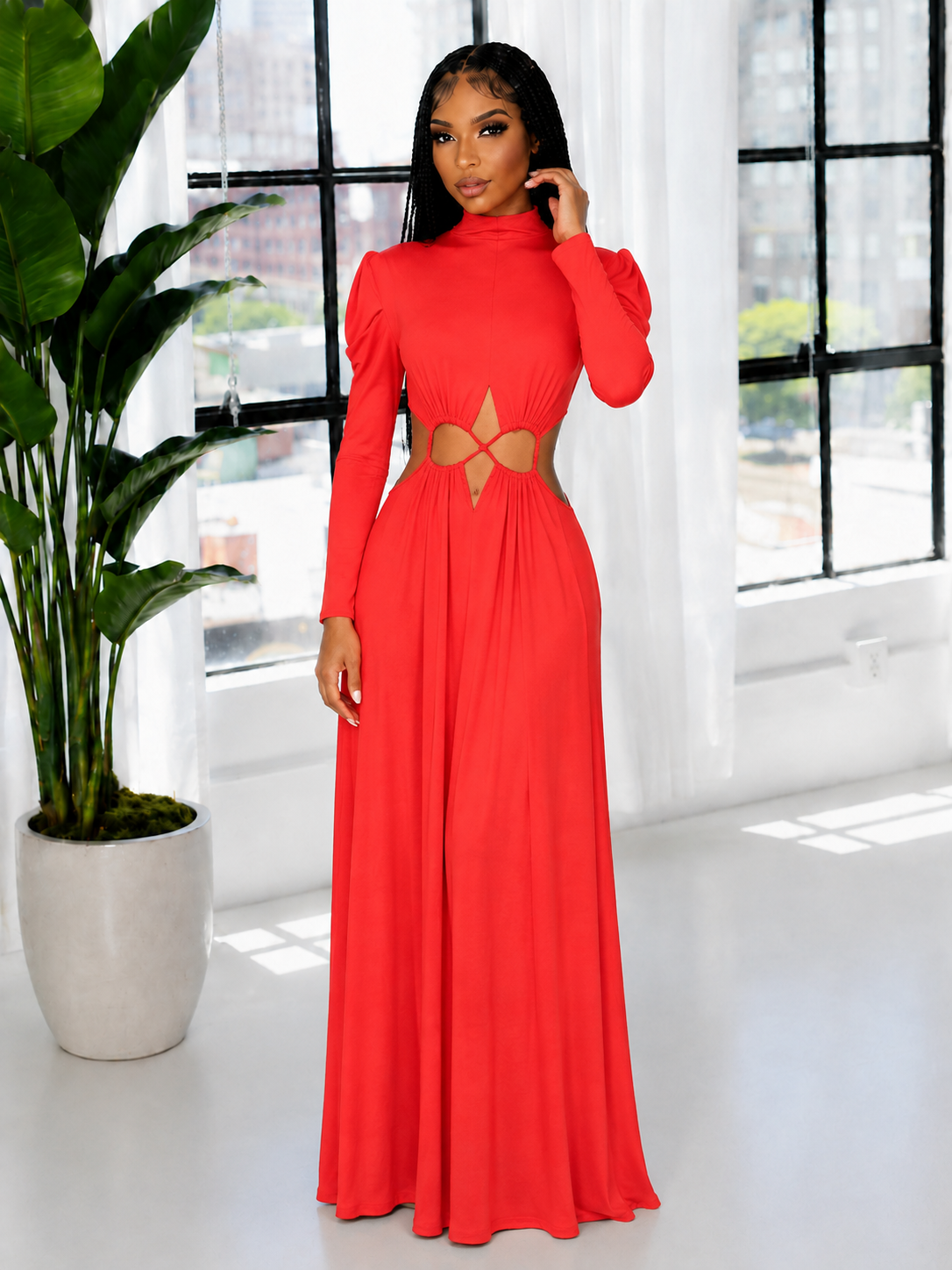 Lace-up Mock Neck Maxi Dress