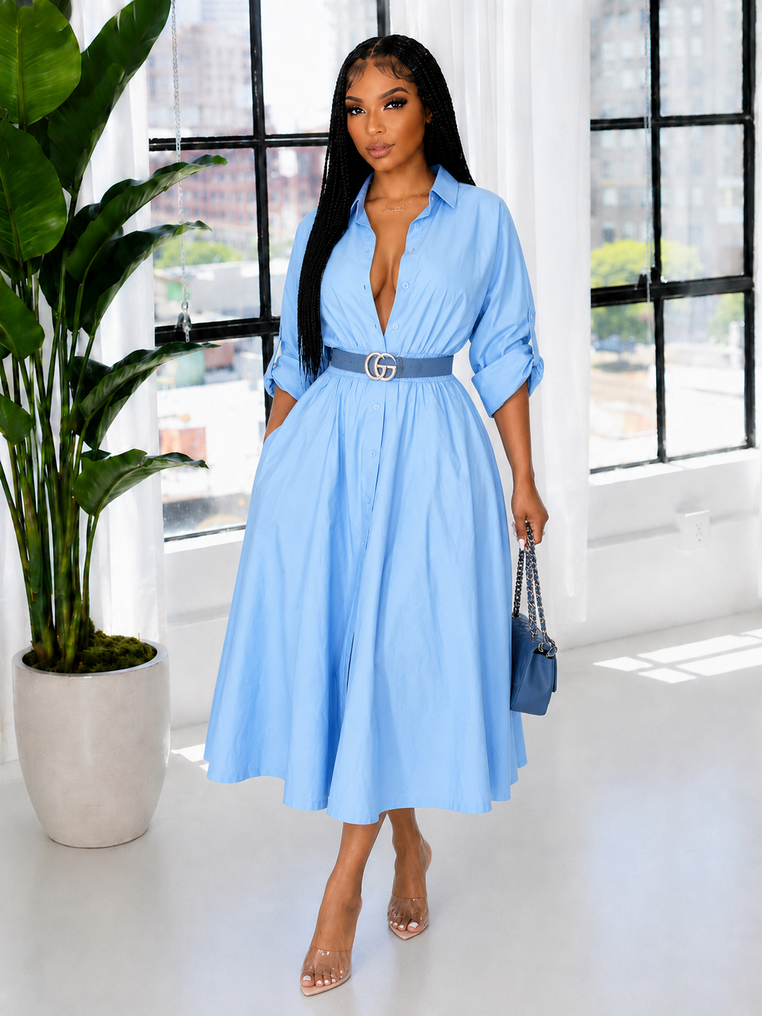 Solid Cinched-Waist Shirt Dress