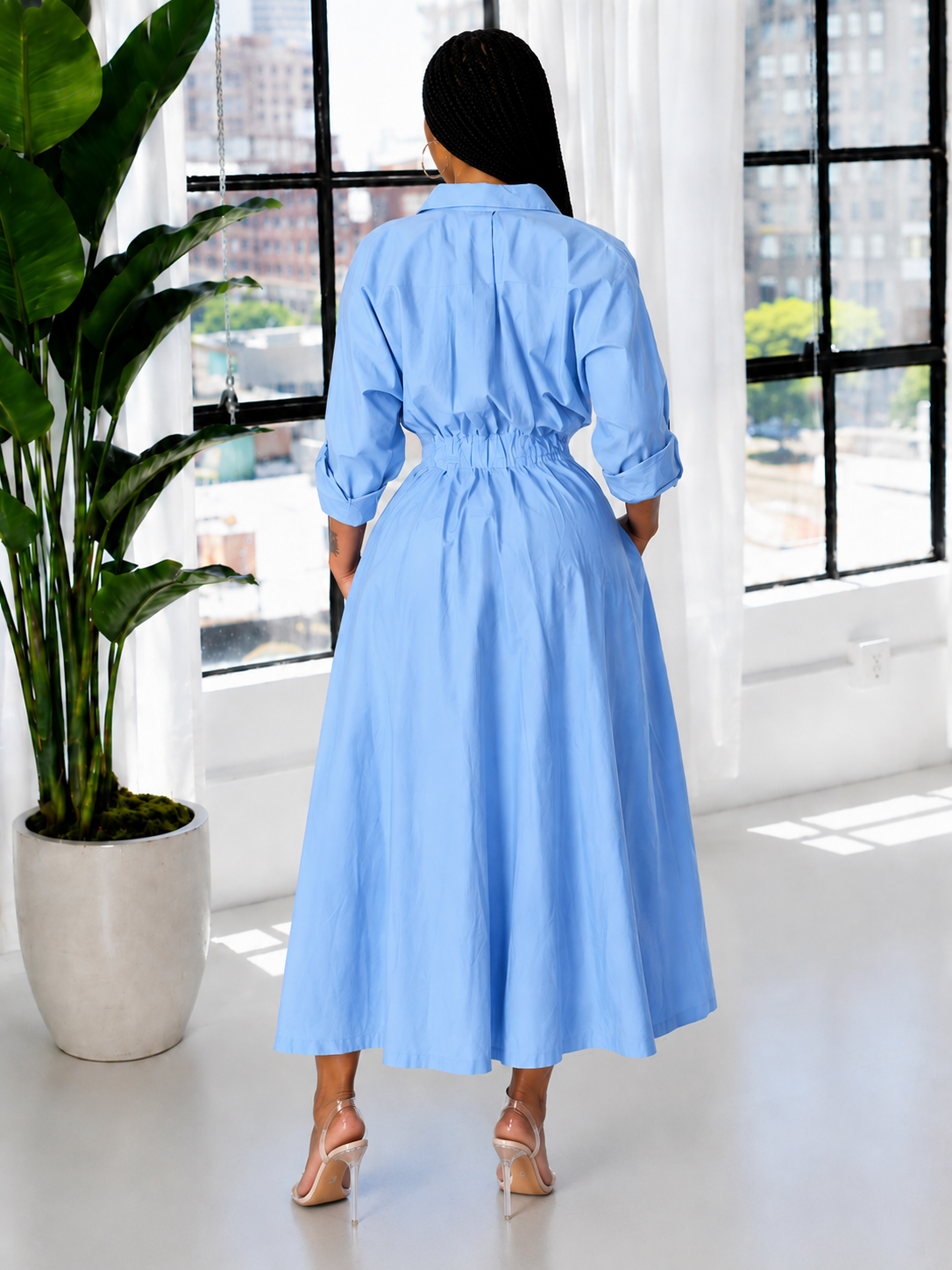 Solid Cinched-Waist Shirt Dress