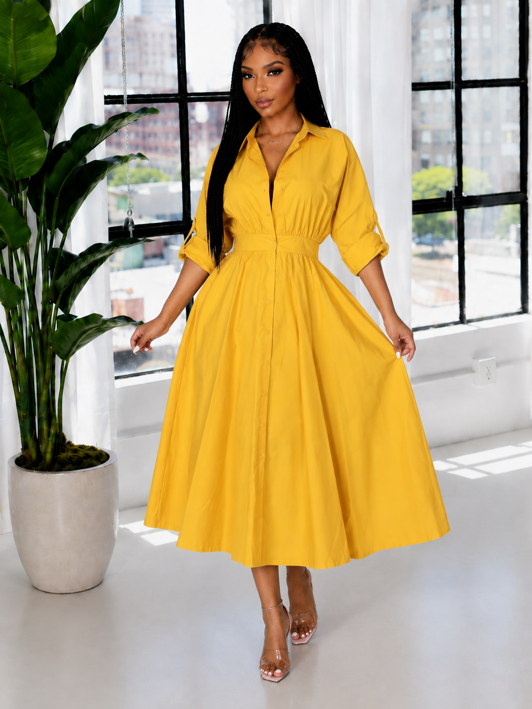 Solid Cinched-Waist Shirt Dress