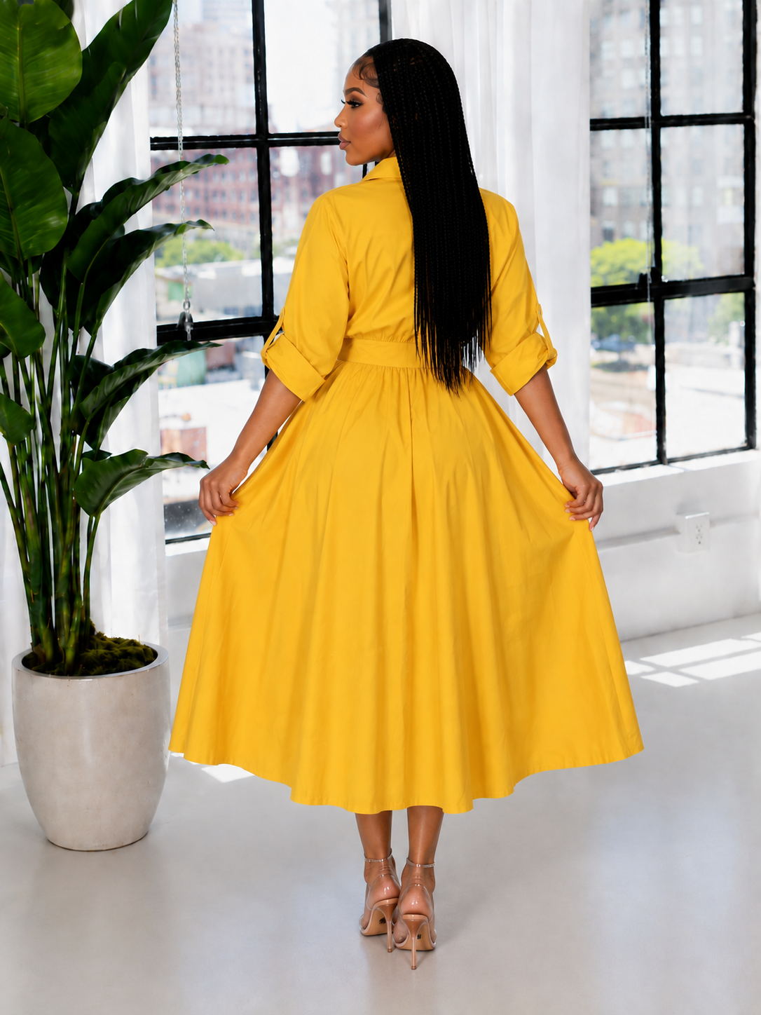 Solid Cinched-Waist Shirt Dress