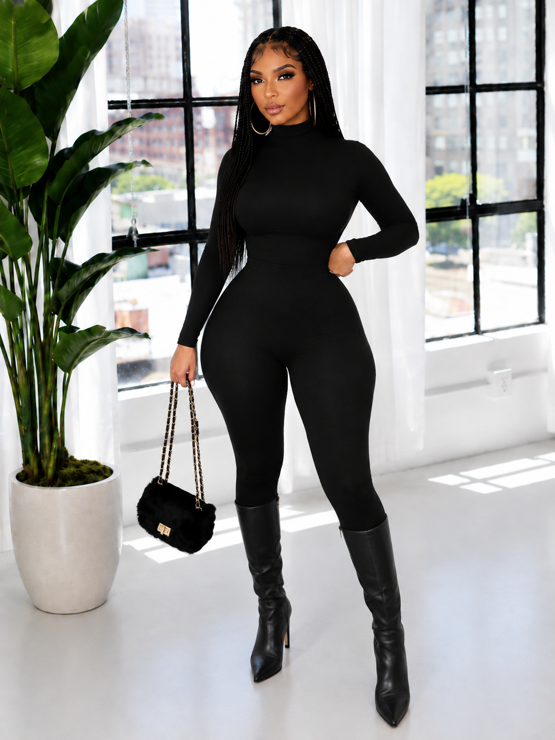 Solid Turtleneck Skinny Jumpsuit