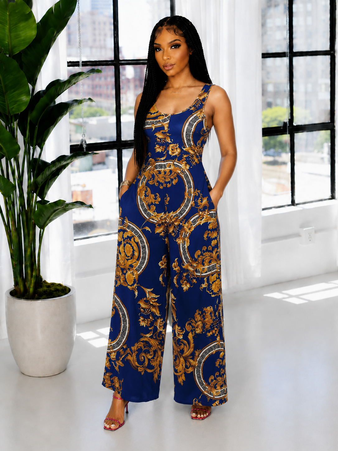 Printed Sleeveless Wide-Leg Jumpsuit