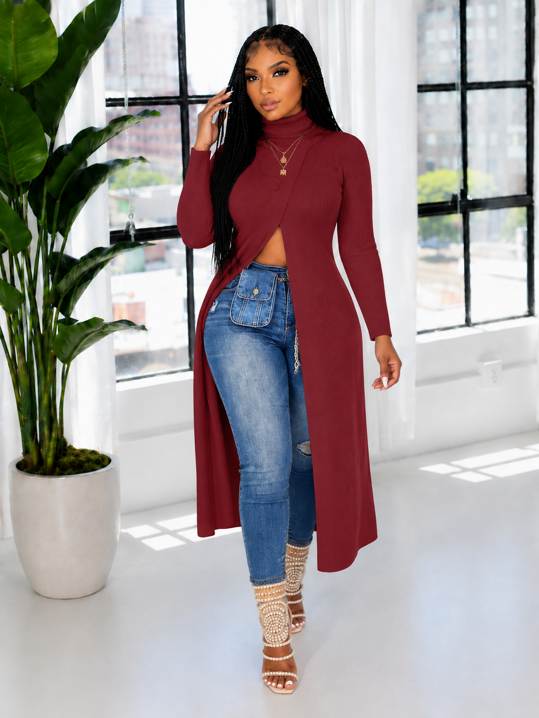 Solid Turtleneck Slit Knit Tunic Top