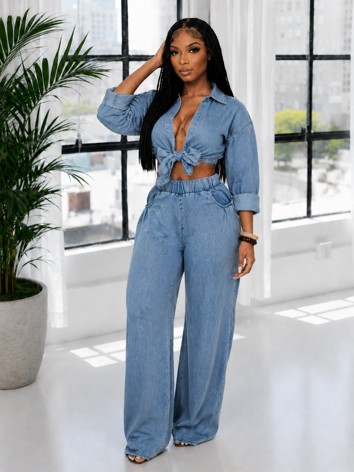 Tied Shirt & Wide-Leg Pants Set