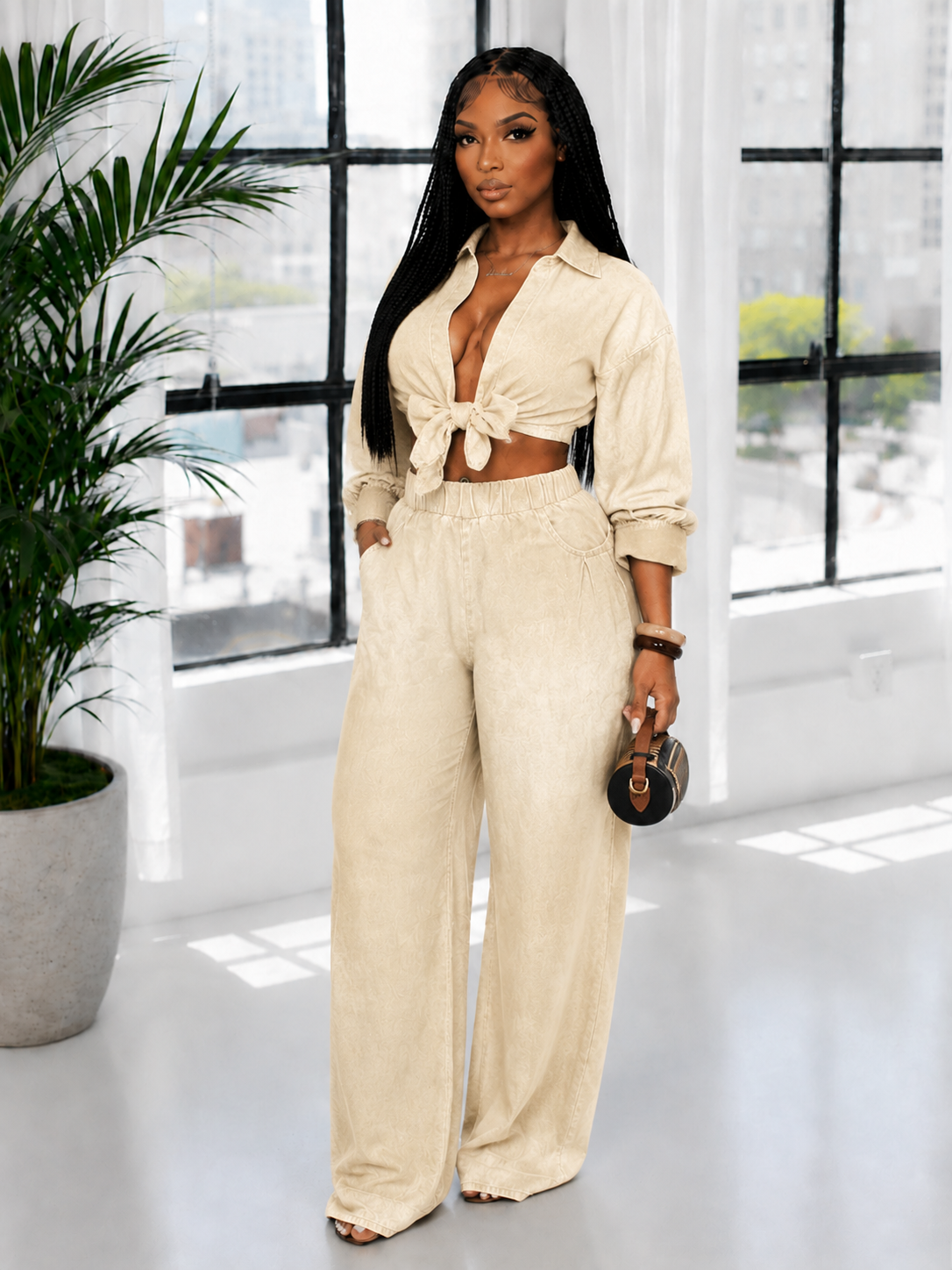 Tied Shirt & Wide-Leg Pants Set