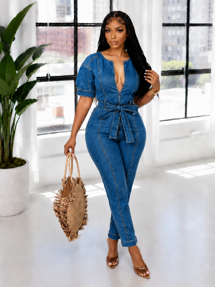 Zip-Front Tied Denim Jumpsuit