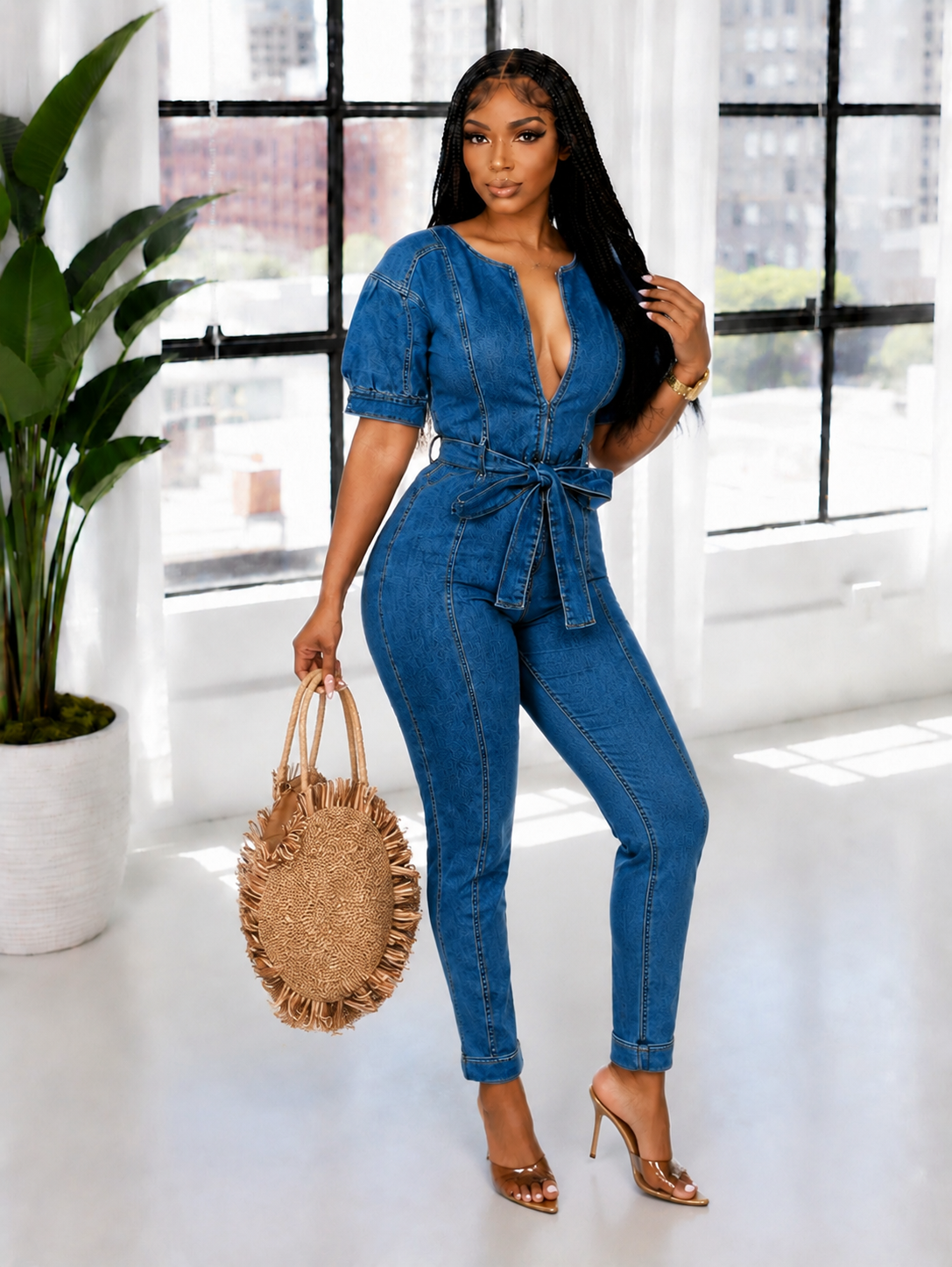 Zip-Front Tied Denim Jumpsuit
