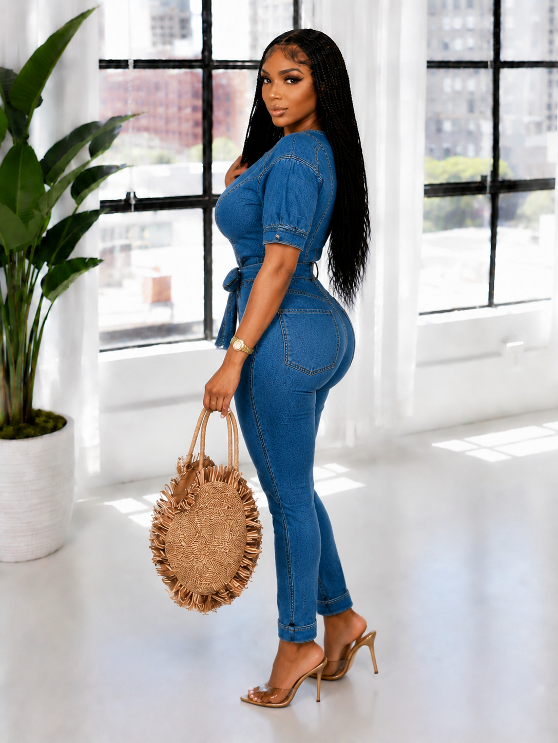 Zip-Front Tied Denim Jumpsuit