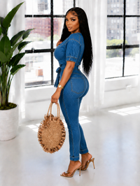 Zip-Front Tied Denim Jumpsuit