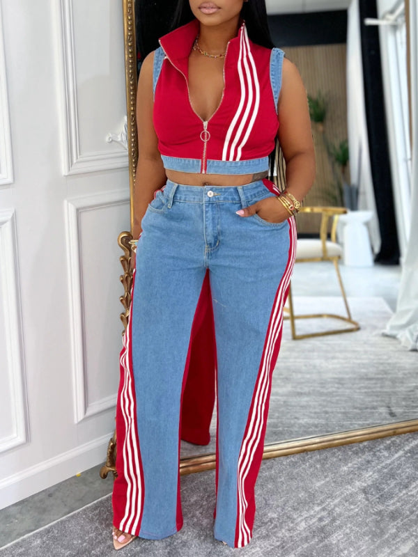 Denim-Combo Sleeveless Sets