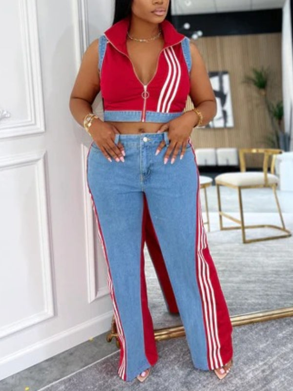 Denim-Combo Sleeveless Sets
