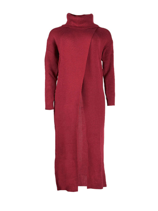 Solid Turtleneck Slit Knit Tunic Top
