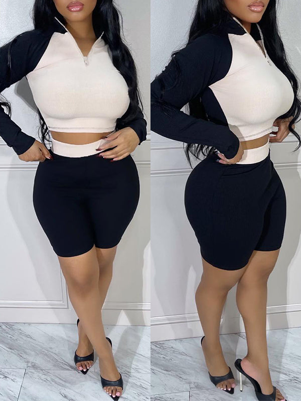 Zip-Front Ribbed Top & Shorts Set