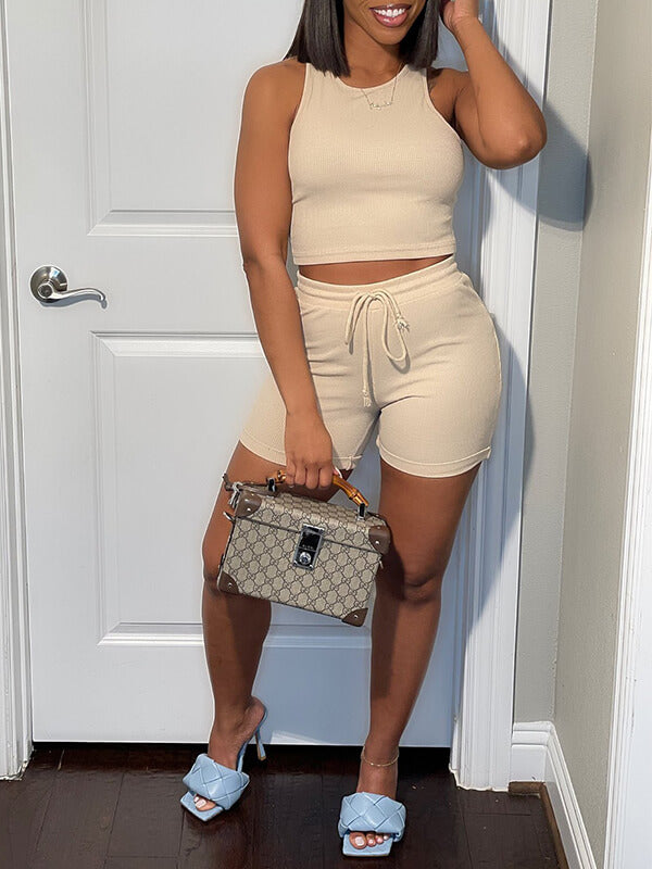 Solid Ribbed Tank Top & Shorts Set
