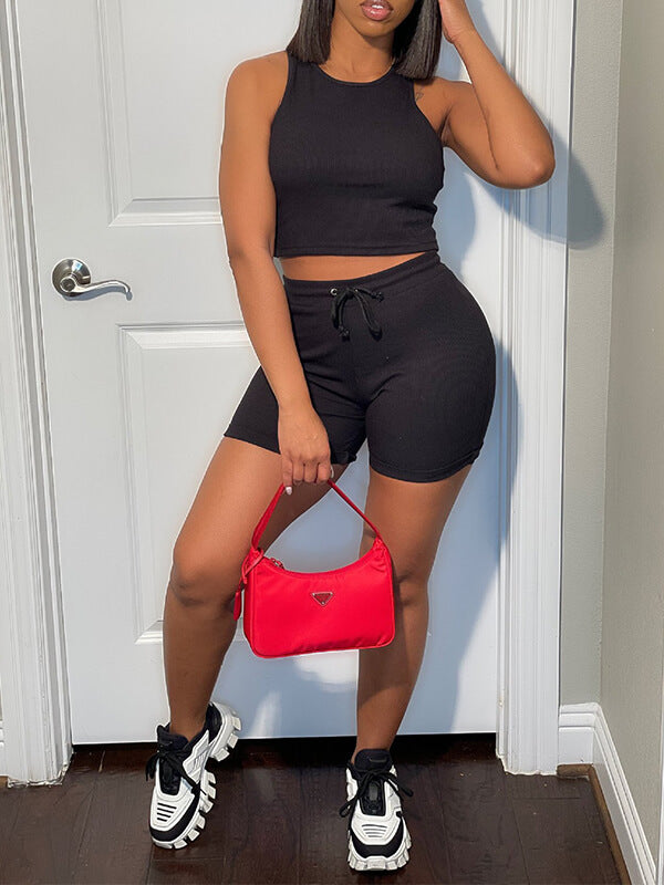 Solid Ribbed Tank Top & Shorts Set