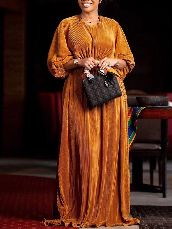 Solid Puff-Sleeve Ribbed Dress
