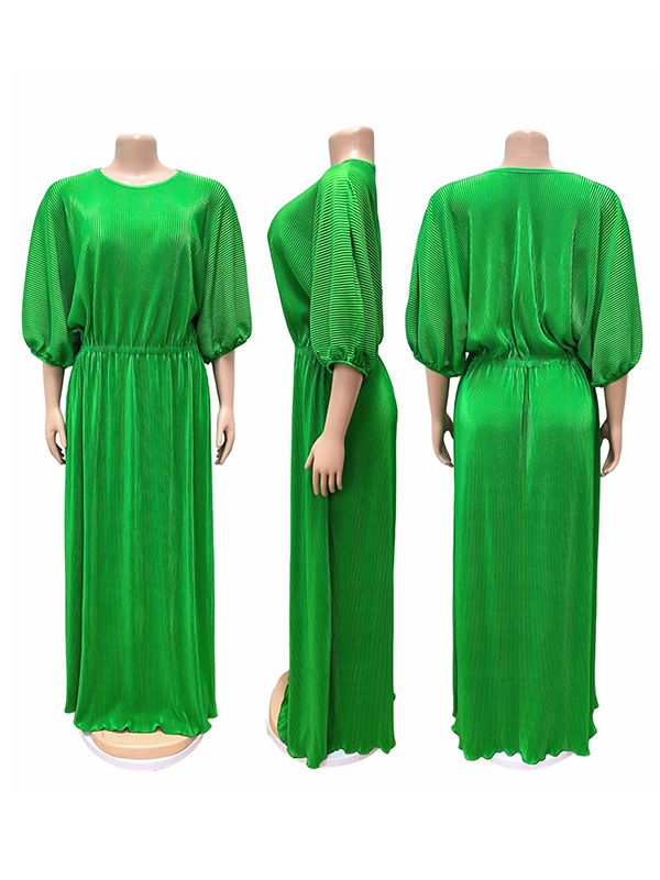 Solid Puff-Sleeve Ribbed Dress