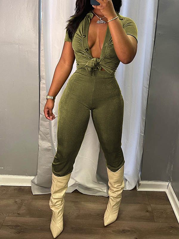 Solid Ruched Shirt & Pants Set
