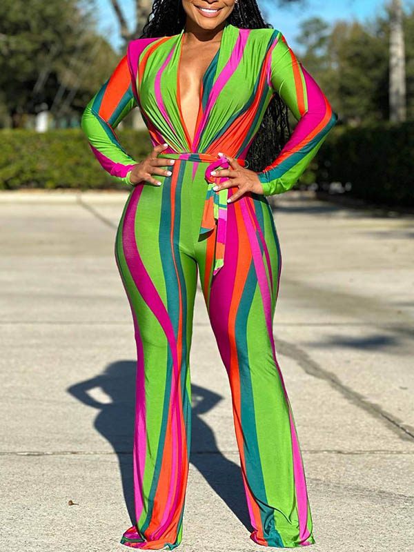 Multicolor Plunge Tied Jumpsuit