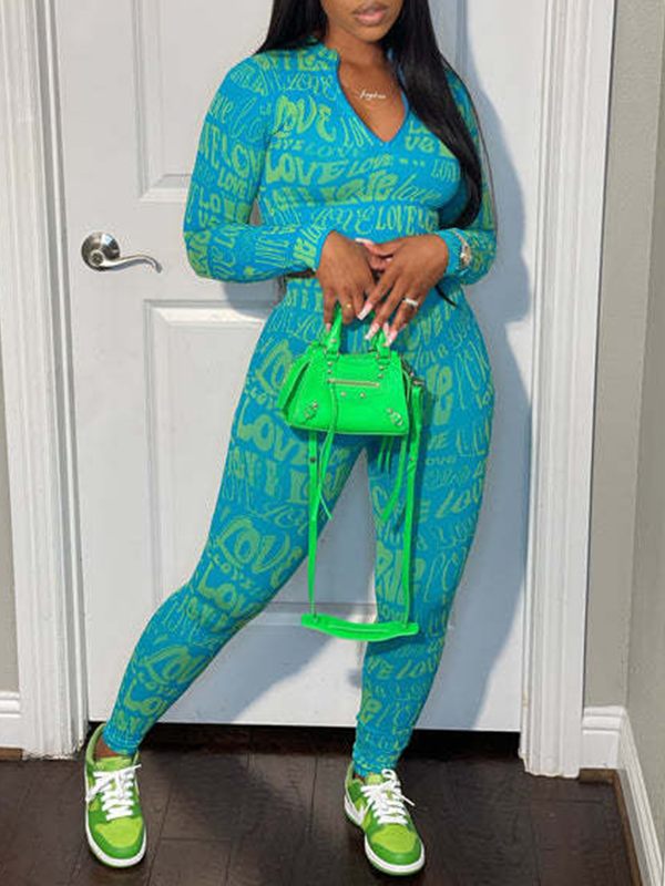 Printed Zip-Front Top & Pants Set
