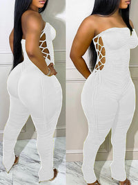 Solid Lace-Up Strapless Jumpsuit