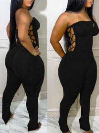 Solid Lace-Up Strapless Jumpsuit