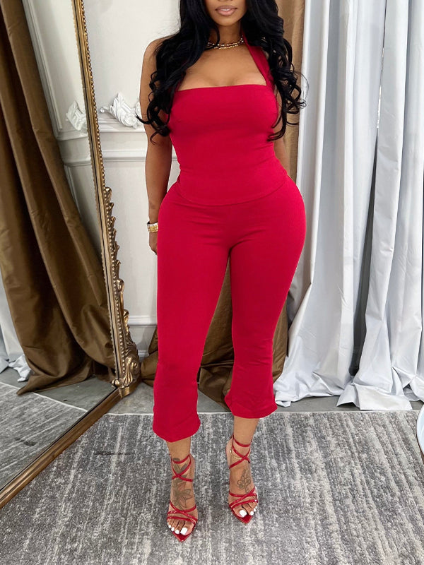 Solid Halter Capri Pants Set