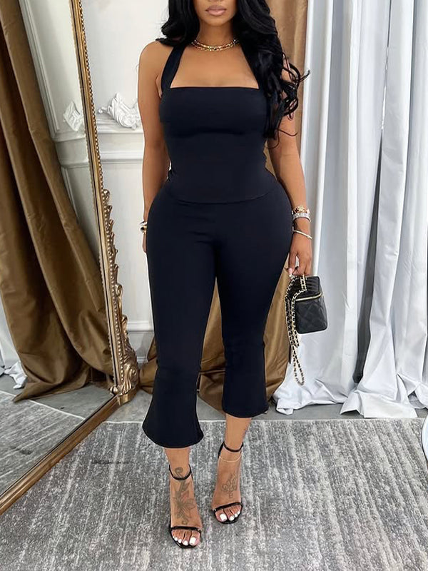 Solid Halter Capri Pants Set
