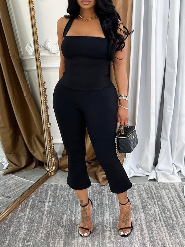 Solid Halter Capri Pants Set