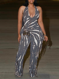 Printed Fringe Halter Jumpsuit