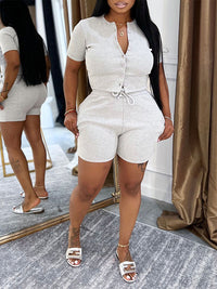 Solid Button-Front Top & Shorts Set